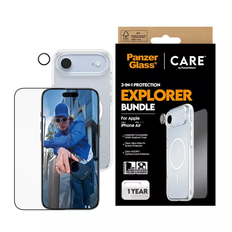 Zestaw ochronny do ekranu PanzerGlass 3‑w‑1 Explorer Set CR66372 do iPhone 17 Air (szkło hartowane, ochrona aparatu, akcesoria do czyszczenia)