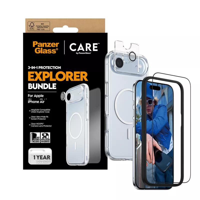 Zestaw ochronny do ekranu PanzerGlass 3‑w‑1 Explorer Set CR66372 do iPhone 17 Air (szkło hartowane, ochrona aparatu, akcesoria do czyszczenia)
