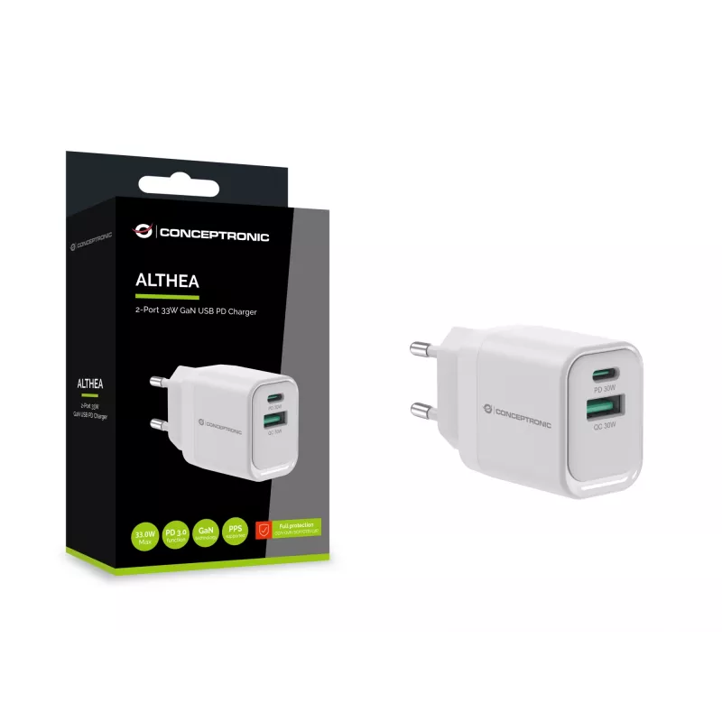 Conceptronic ALTHEA19W33 2-Portowa ładowarka USB PD GaN 33 W, USB-C x 1, USB-A x 1, QC 3.0, PPS, PD 3.0