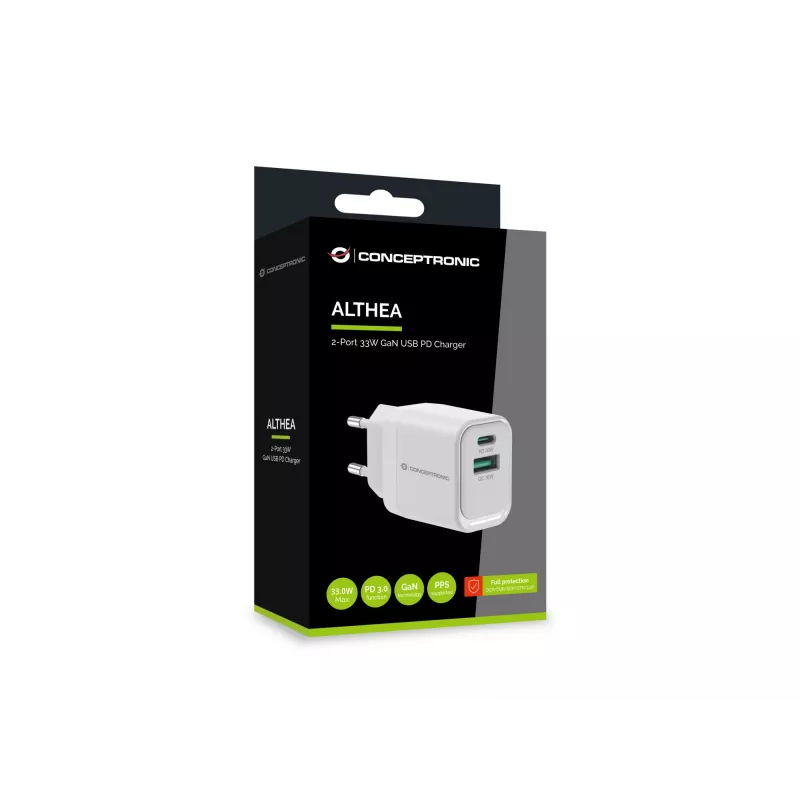 Conceptronic ALTHEA19W33 2-Portowa ładowarka USB PD GaN 33 W, USB-C x 1, USB-A x 1, QC 3.0, PPS, PD 3.0