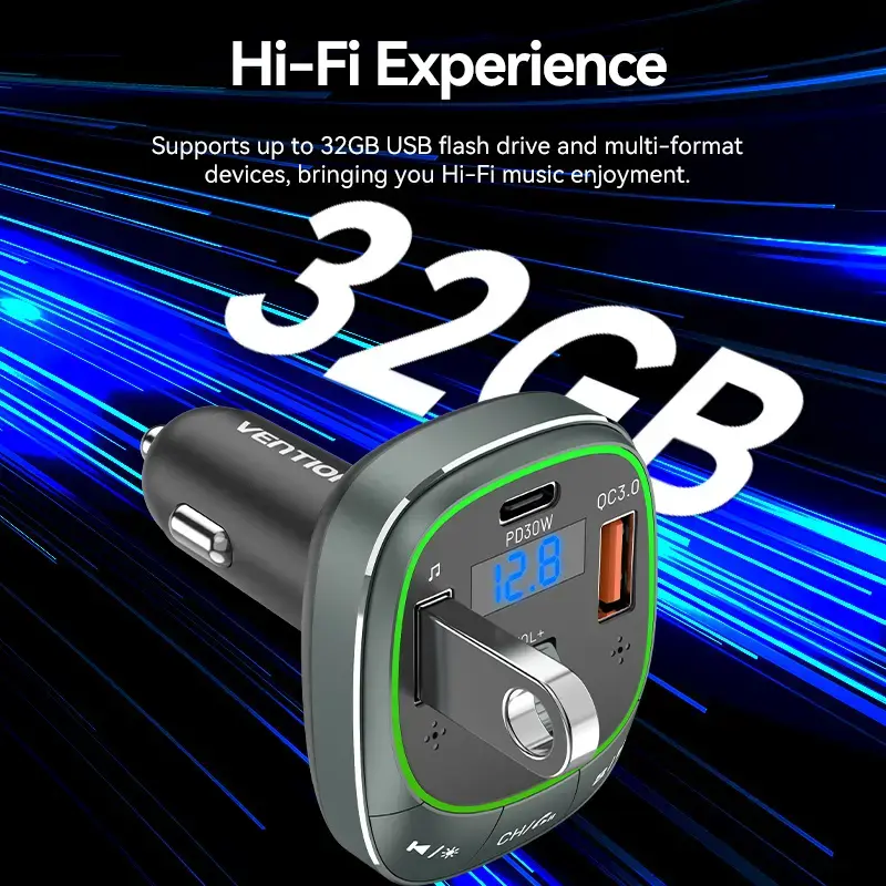 Ładowarka samochodowa Vention 3-portowa USB (USB-C + 2× USB-A) 30W/18W/5W Czarna