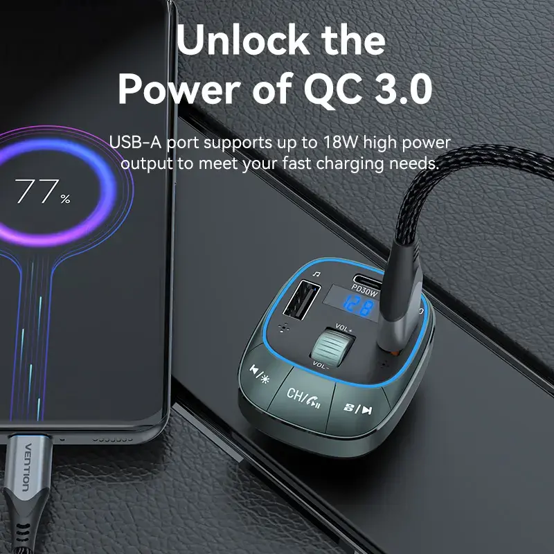 Ładowarka samochodowa Vention 3-portowa USB (USB-C + 2× USB-A) 30W/18W/5W Czarna