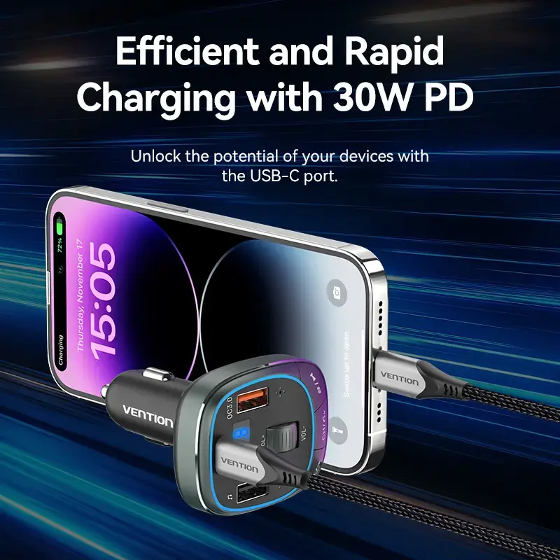Ładowarka samochodowa Vention 3-portowa USB (USB-C + 2× USB-A) 30W/18W/5W Czarna