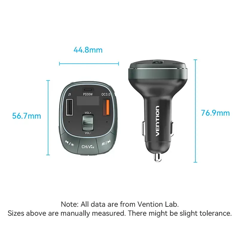 Ładowarka samochodowa Vention 3-portowa USB (USB-C + 2× USB-A) 30W/18W/5W Czarna