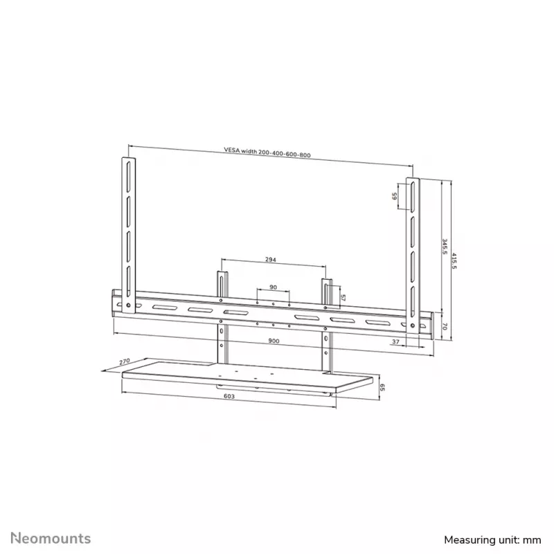 Zestaw półki na klawiaturę Neomounts AV40-500BL dla ekranów 43–110 cali, VESA do 600x400, maks. obciążenie 2.5 kg, 900×279×640 mm