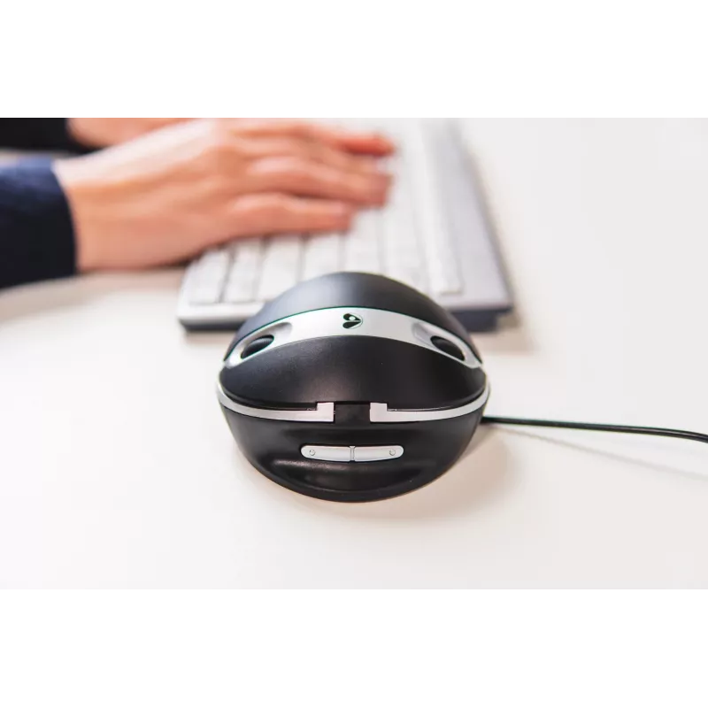 Mysz przewodowa BakkerElkhuizen Oyster, oburęczna, konstrukcja pionowa, laserowa, USB Type-A, 1200 DPI, czarno-srebrna