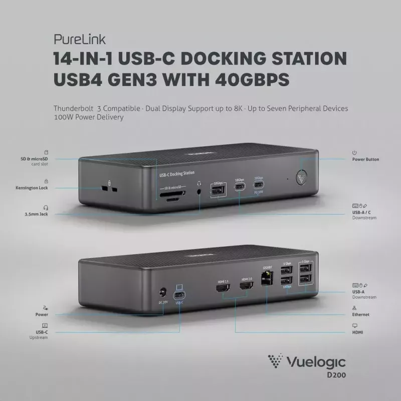 Stacja dokująca do laptopa PureLink VL-D200 przewodowa szara USB Power Delivery HDMI 2.0