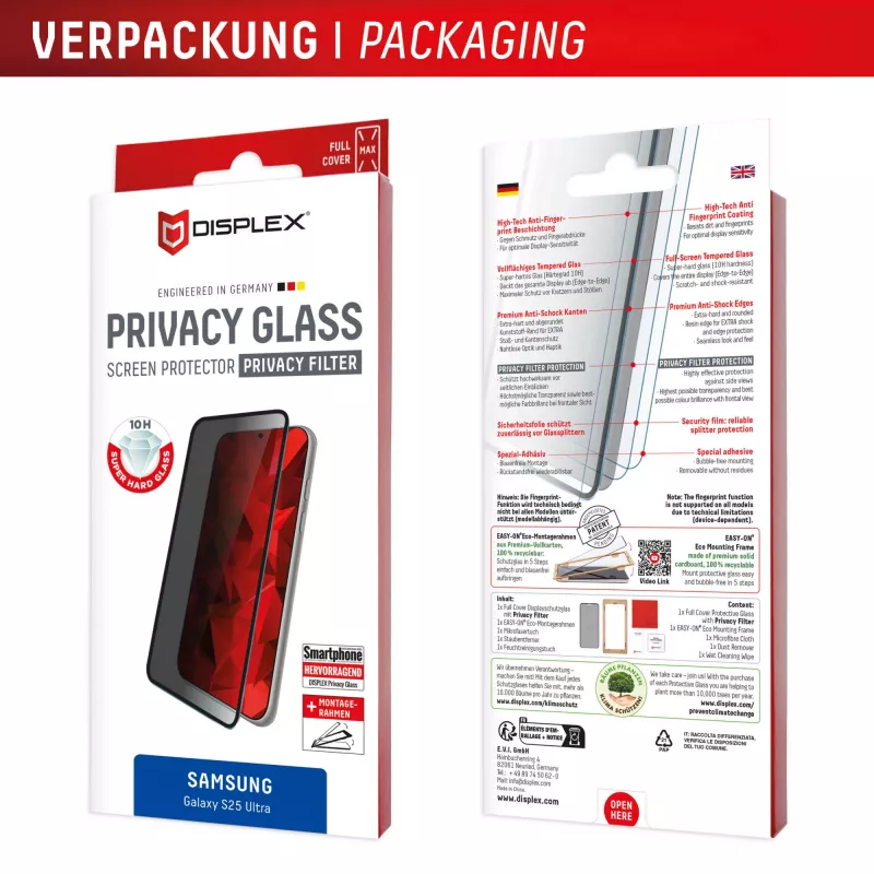 Displex Privacy Screen Protector (10H) do Samsung Galaxy S25 Ultra, Eko ramka montażowa, filtr prywatności
