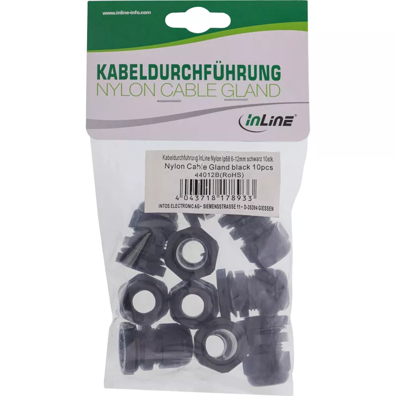 Dławik kablowy InLine 44012B nylon IP68 na kable Ø6–12 mm, czarny, opakowanie 10 szt.