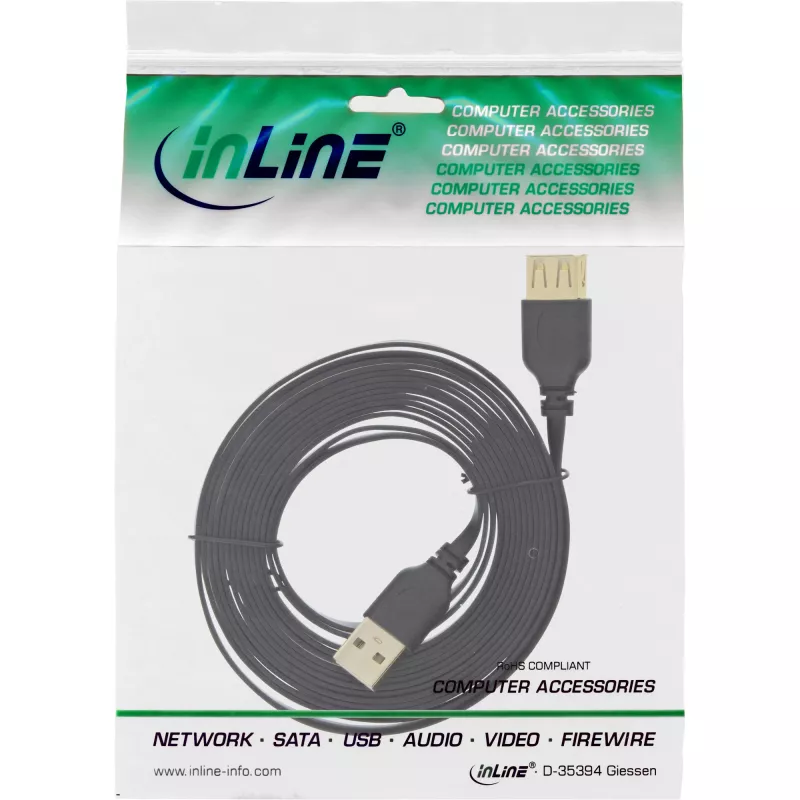 InLine USB 2.0 płaski kabel Typ A męski / żeński pozłacane styki czarny 0,5m