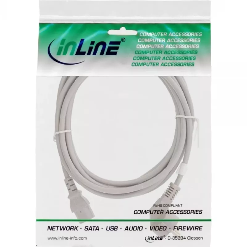 Kabel zasilający InLine, wtyk kątowy CEE 7/7 / wtyk prosty IEC C13 męski, szary, 2 m