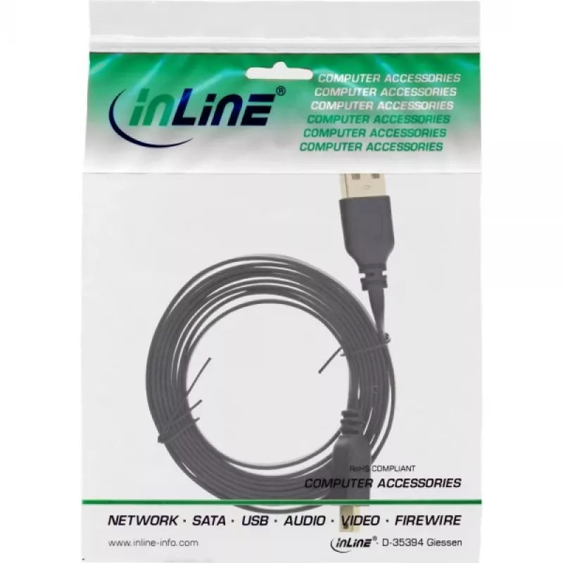 InLine USB 2.0 płaski kabel USB Typ A męski / Mini-B męski 5pin czarny/złoty 5m