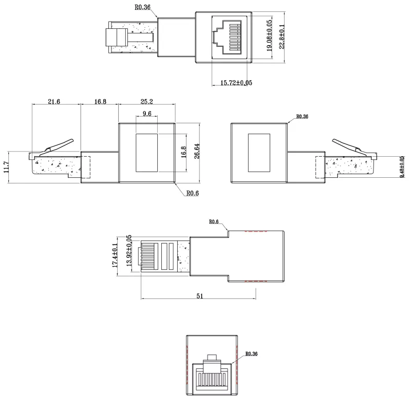 Adapter krosowy kątowy InLine kat. 6A, RJ45 męski/żeński, 90° w górę