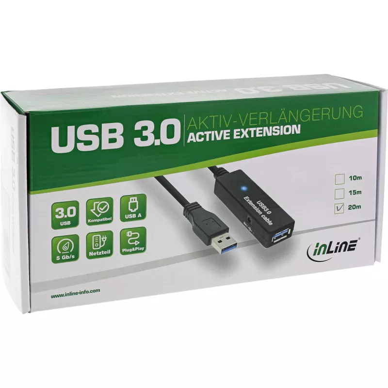 Przedłużacz aktywny InLine USB3.2 Gen.1 Type A męski / żeński, czarny, 10 m