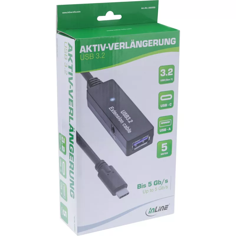 InLine USB 3.2 Gen.1 aktywny przedłużacz, USB-C męski na USB-A żeński, 5m