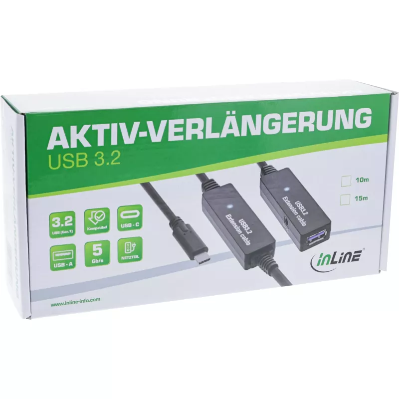 InLine USB 3.2 Gen.1 aktywny przedłużacz, USB-C męski na USB-A żeński, 10m