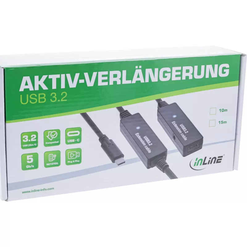 InLine USB 3.2 Gen.1 aktywny przedłużacz, USB-C męski na USB-C żeński, 15m