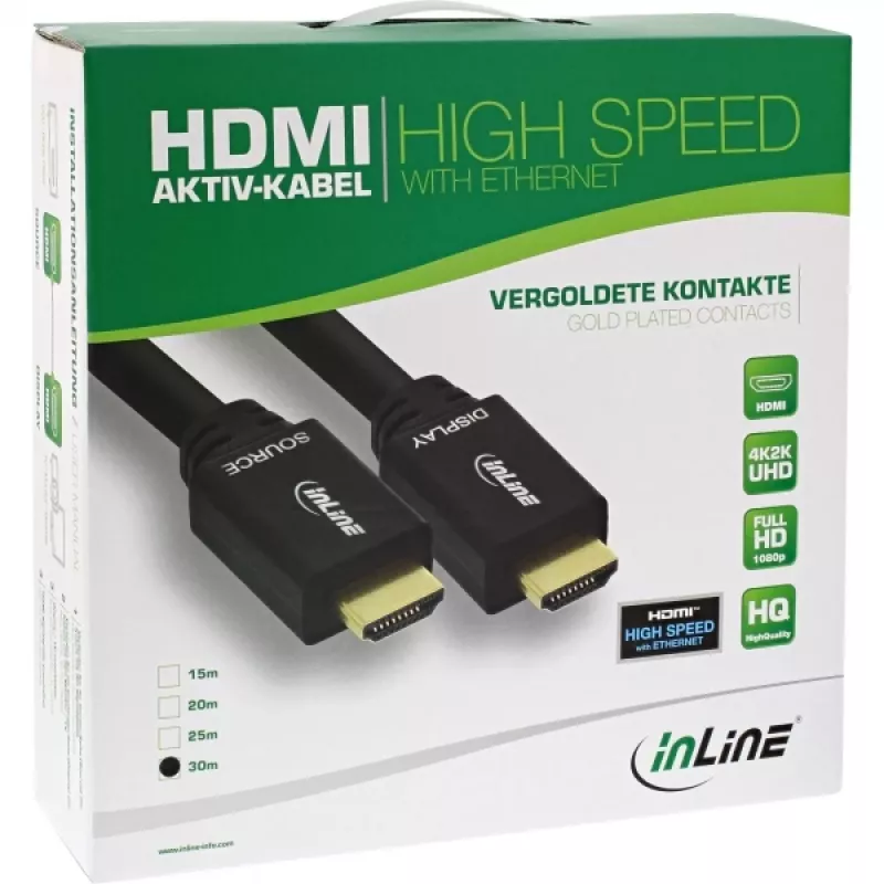 InLine, aktywny kabel HDMI High Speed z Ethernetem, M/M, czarny, pozłacane styki, 30 m