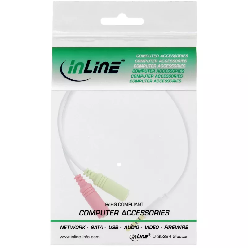 adapter kablowya zestawu słuchawkowego InLine Audio 3,5 mm męski 4-pinowy / 2x 3,5 mm, biały, 0,15 m