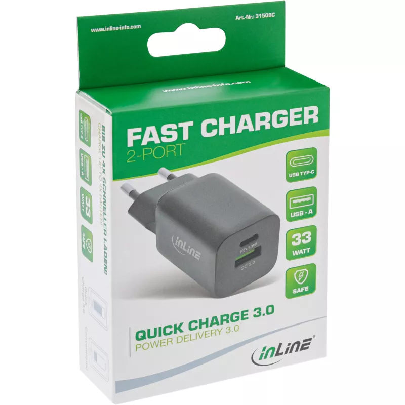 Zasilacz USB InLine, ładowarka, USB-A + USB Type-C, 33W, PD + QC