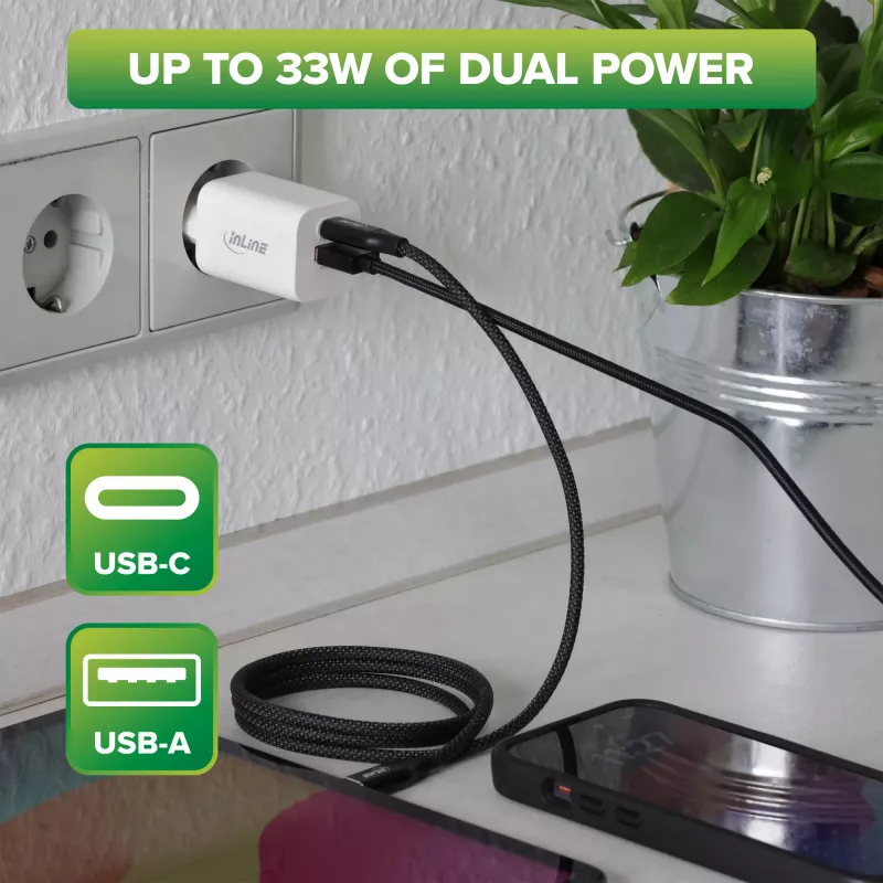 Zasilacz USB InLine, ładowarka, USB-A + USB Type-C, 33W, PD + QC