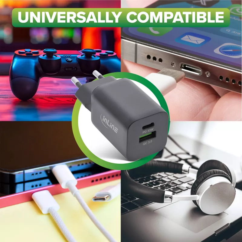 Zasilacz USB InLine, ładowarka, USB-A + USB Type-C, 33W, PD + QC
