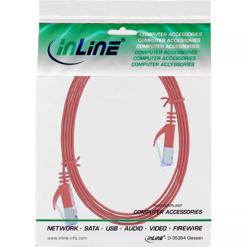 InLine płaski patchcord, U/FTP, kat. 6A, czerwony, 2 m