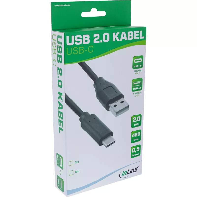 Kabel InLine USB 2.0, USB-C męski / USB-A męski, czarny, 3m