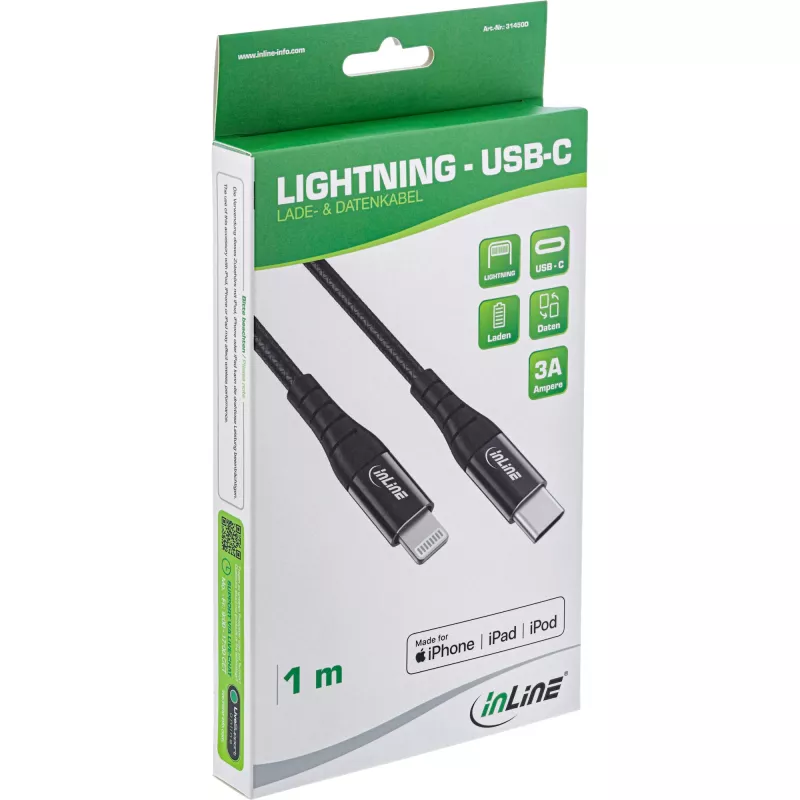 Kabel InLine USB-C Lightning, do iPad, iPhone, iPod, czarny/aluminium, 1m MFi