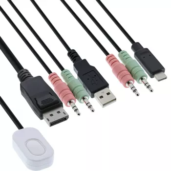 InLine Przełącznik KVM, 2-portowy, USB-C+DP do DisplayPort, 4K, audio, zintegrowany kabel
