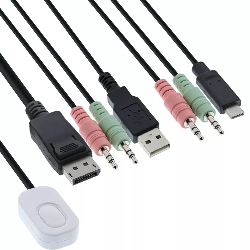 InLine Przełącznik KVM, 2-portowy, USB-C+DP do DisplayPort, 4K, audio, zintegrowany kabel