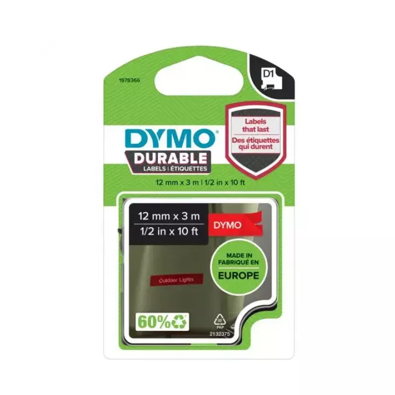 Autentyczne etykiety DYMO D1 Durable | Czarny nadruk na czerwonej taśmie | 12 mm x 3 m | Taśma etykietująca do urządzeń etykietujących LabelManager