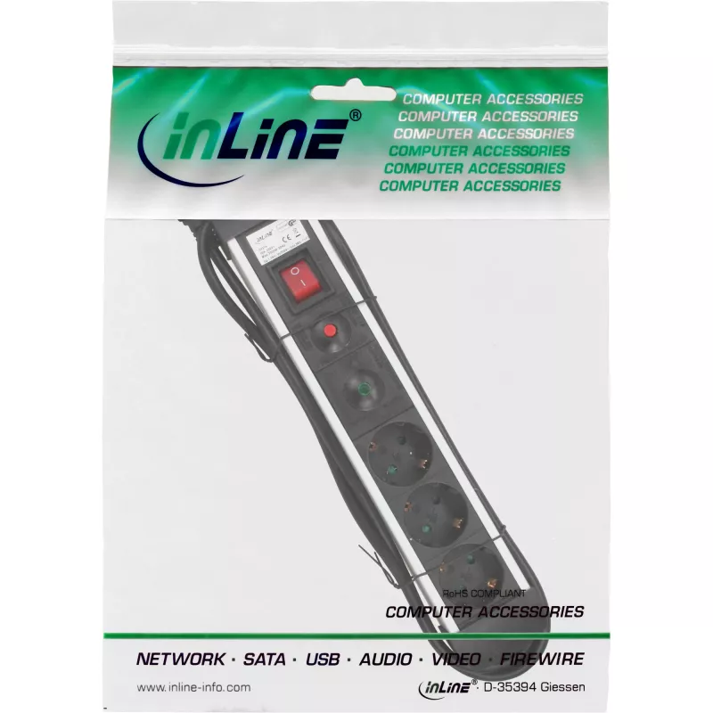 Listwa zasilająca InLine, aluminiowa, 3-gniazdowa z ochroną, wyłącznikiem, 1,5 m