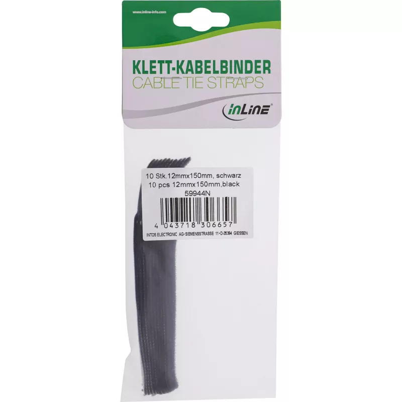 Paski na rzepy do kabli InLine 12×150 mm, 10 szt., czarny