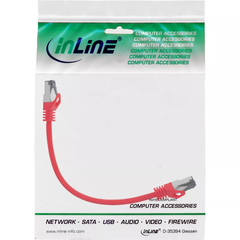 Kabel krosowy InLine, S/FTP (PiMf), Cat.8.1, 2000 MHz, bezhalogenowy, czerwony, 0,25 m