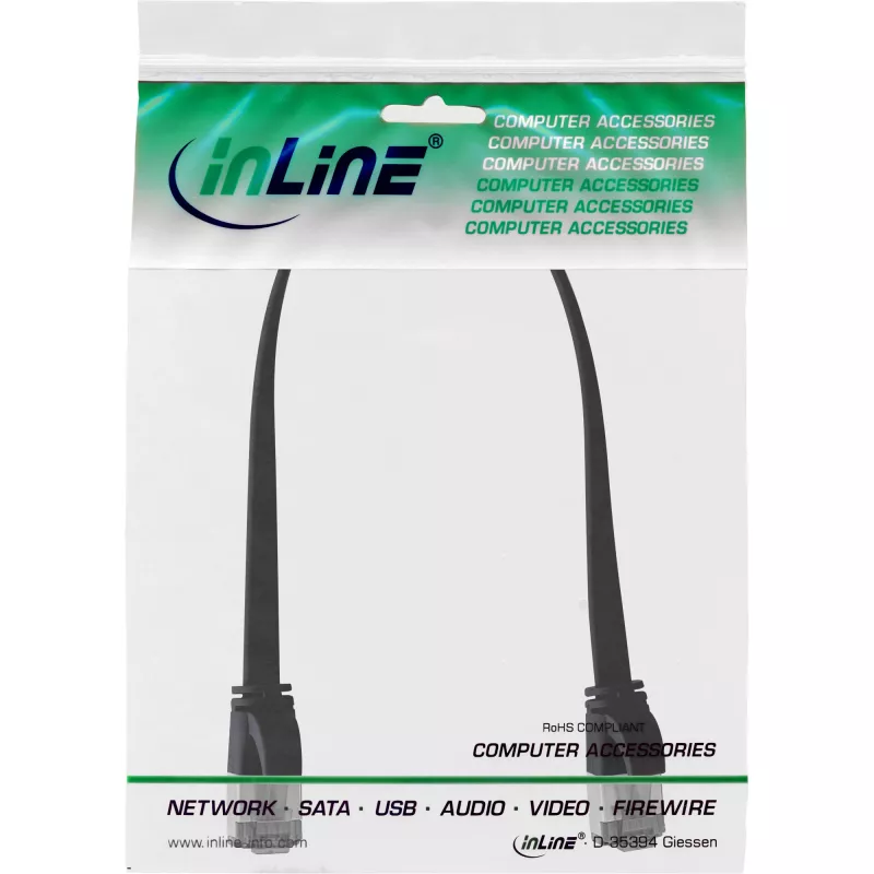 InLine Patch kabel płaski, U/FTP, Kat.8.1, TPE bezhalogenowy, czarny, 0.3m
