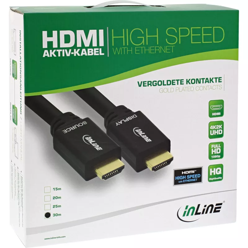 InLine High Speed HDMI kabel w/Eth., active, M/M, Czarny, golden contacts, 40m
