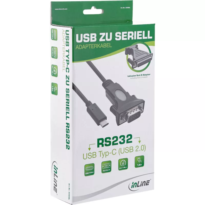 adapter kablowya InLine USB-C na szeregowy, USB-C męski / DB9 męski, 1,8 m