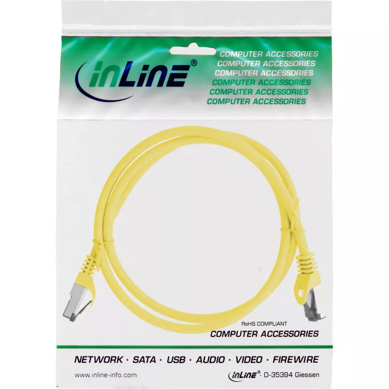 Kabel krosowy InLine, S/FTP (PiMf), Kat.8.1, 2000 MHz, bezhalogenowy, żółty, 0,5 m