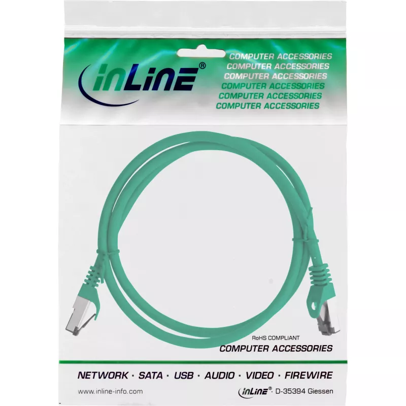 Kabel krosowy InLine, S/FTP (PiMf), Kat.8.1, 2000 MHz, bezhalogenowy, zielony, 1 m