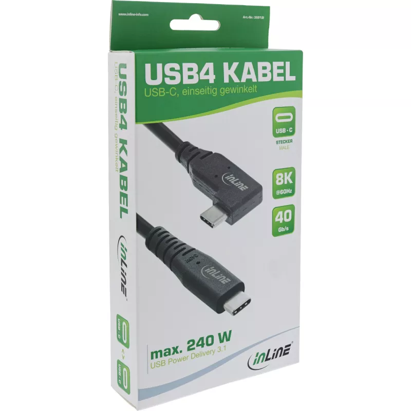 Kabel InLine USB4, USB-C, pojedynczy kątowy, PD 240W, 8K60Hz, TPE, czarny, 2m