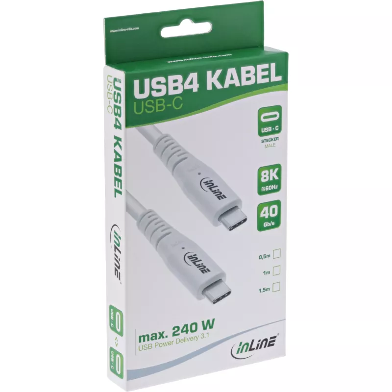 Kabel InLine USB4, USB-C męski/męski, PD 240W, 8K60Hz, TPE, biały, 2m