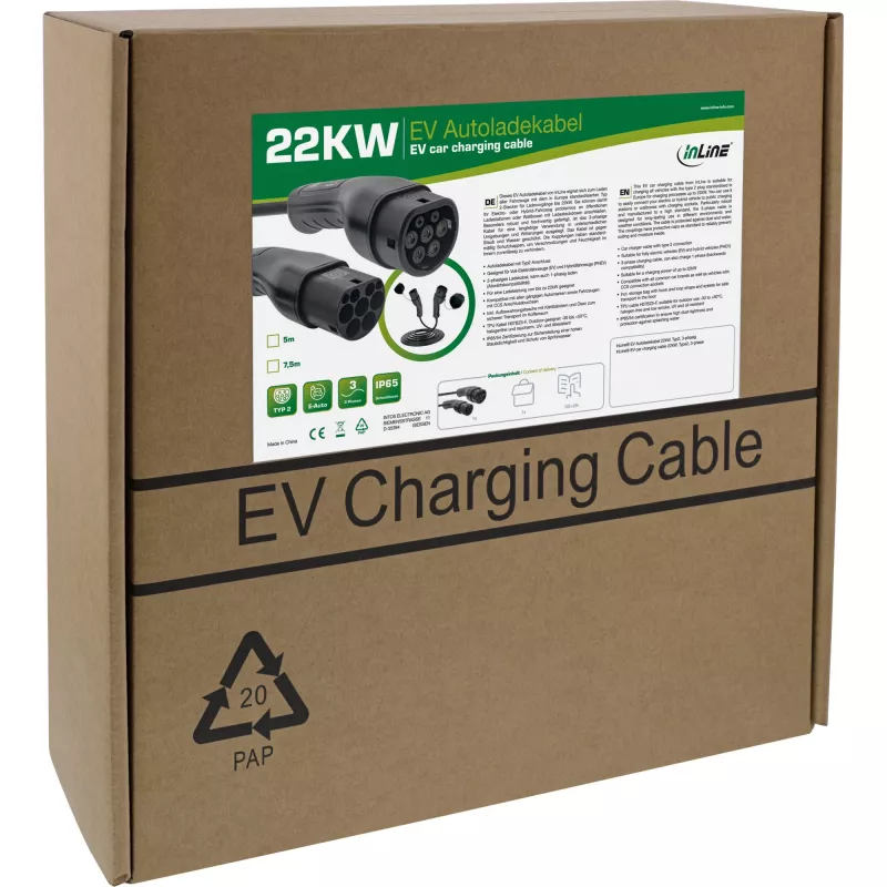 InLine EV kabel do ładowania samochodów 22kW Type2, 3-fazowy, 7,5m
