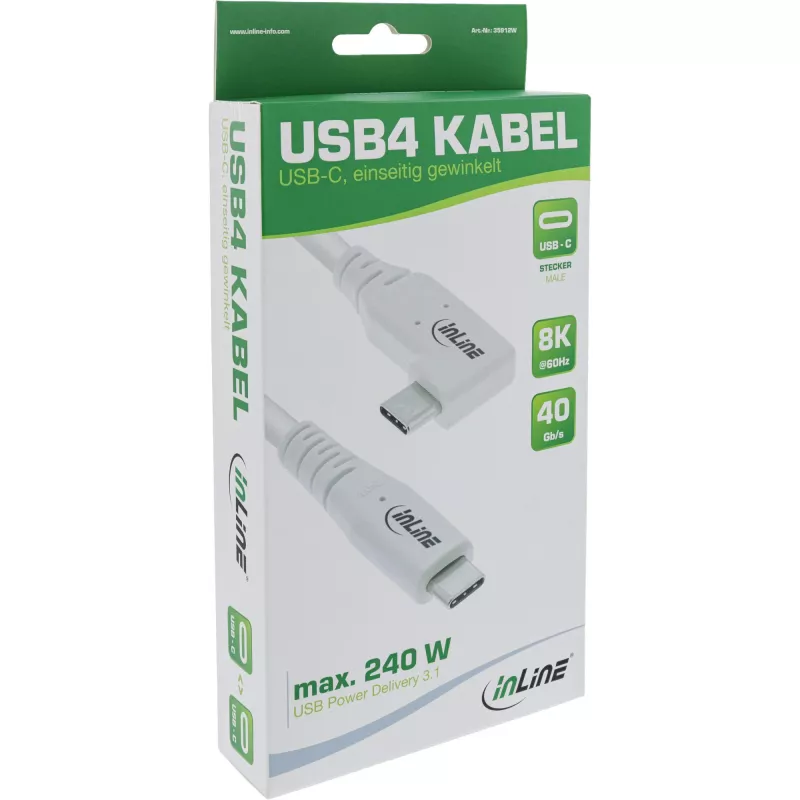 Kabel InLine USB4, USB-C, jedna strona pod kątem, PD 240 W, 8K60 Hz, TPE, biały, 1,5 m
