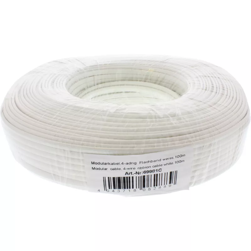 Kabel modułowy InLine, 4-żyłowa taśma, biały, krążek 100 m