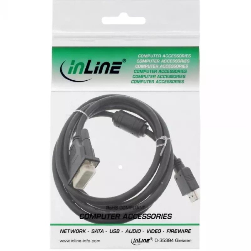 Kabel InLine HDMI-DVI 19-pin męski / 18+1 męski + filtr ferrytowy czarny 1,8 m