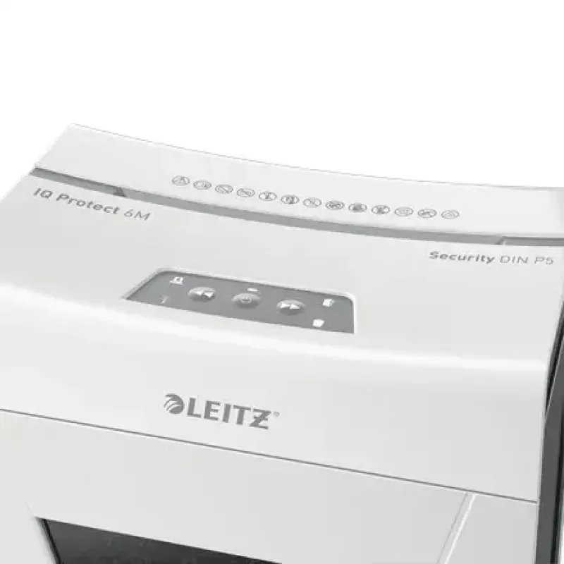 Niszczarka LEITZ IQ Protect Premium 6M P5 — Mikrocięcie, 18 L, sterowanie dotykowe, 351×204×355 mm