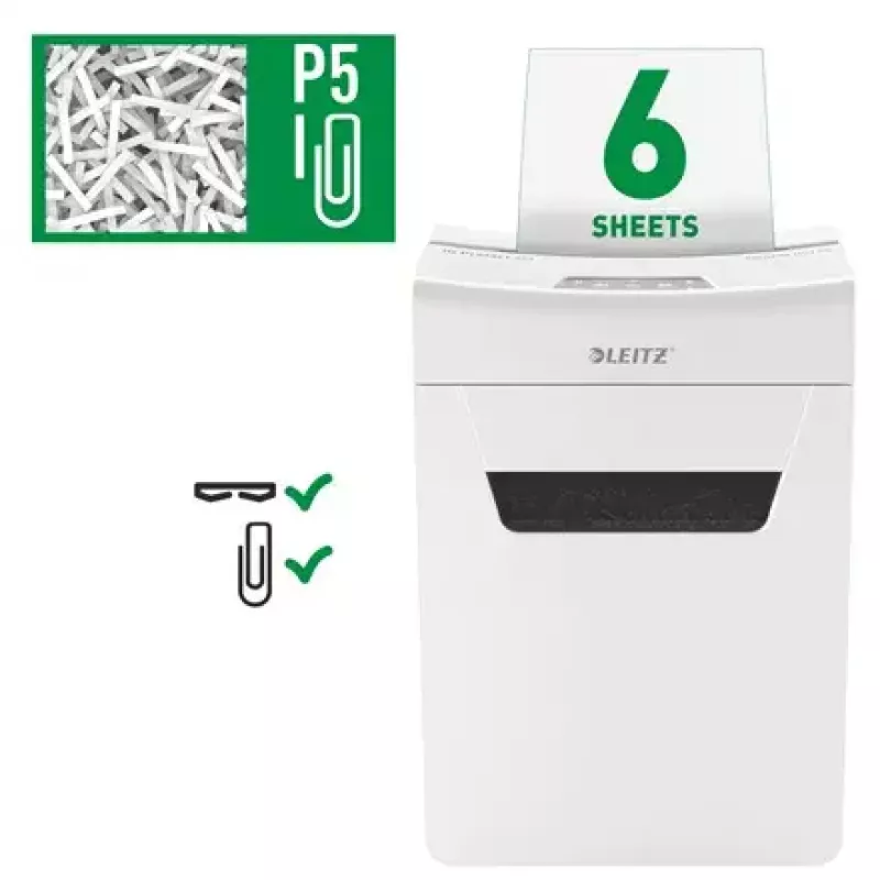 Niszczarka LEITZ IQ Protect Premium 6M P5 — Mikrocięcie, 18 L, sterowanie dotykowe, 351×204×355 mm
