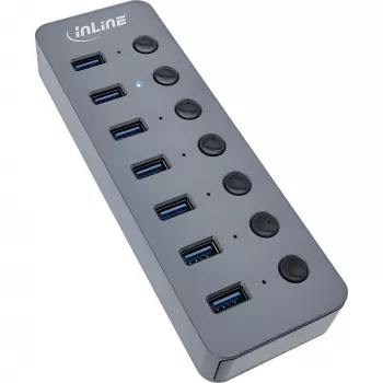 InLine USB 3.2 Gen.1 hub, 7-portowy, z przełącznikiem, aluminium, szary, z zasilaczem