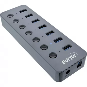InLine USB 3.2 Gen.1 hub, 7-portowy, z przełącznikiem, aluminium, szary, z zasilaczem